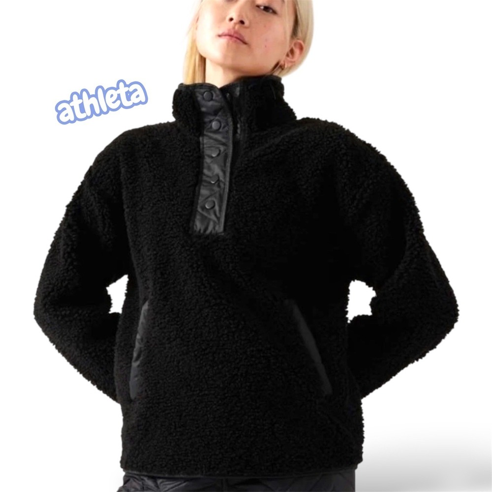 Athleta Womens Black Sherpa Fleece Quilted Snap Neck Pullover Jacket Small S